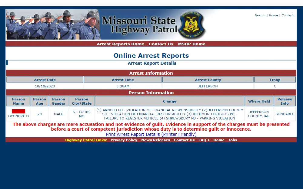 A screenshot of the search tool that allows users to find arrests data.
