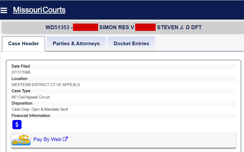 A screenshot of the database for information from the Supreme Court of Missouri, the appellate courts, and the circuit courts, including Clay County’s 7th Judicial Circuit.