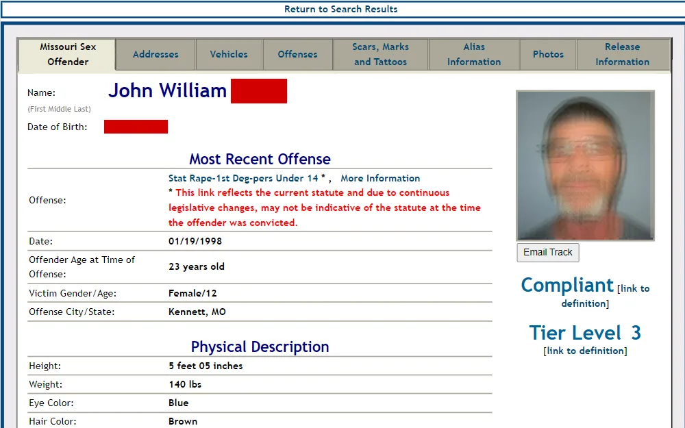 A screenshot of the search tool to find information about sex offenders in Missouri.