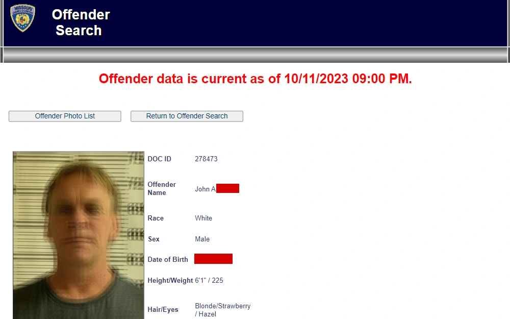 A screenshot of the search tool that offers information about active offenders, including those on probation.