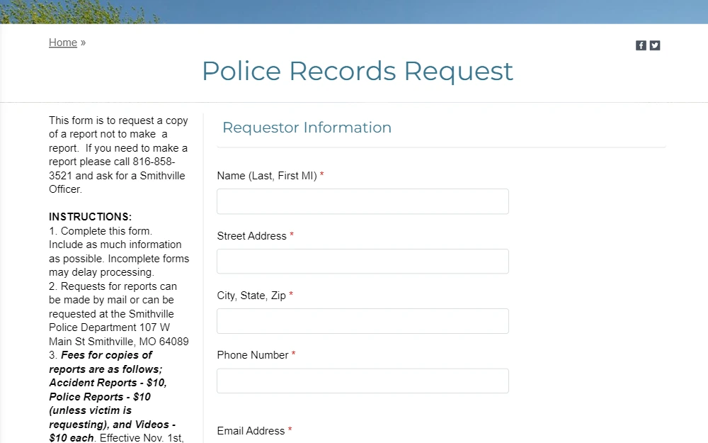A screenshot of the form used to obtain police records in the city of Smithville.