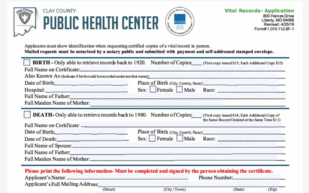 A screenshot of the form used to obtain birth documents in Clay County, Missouri.