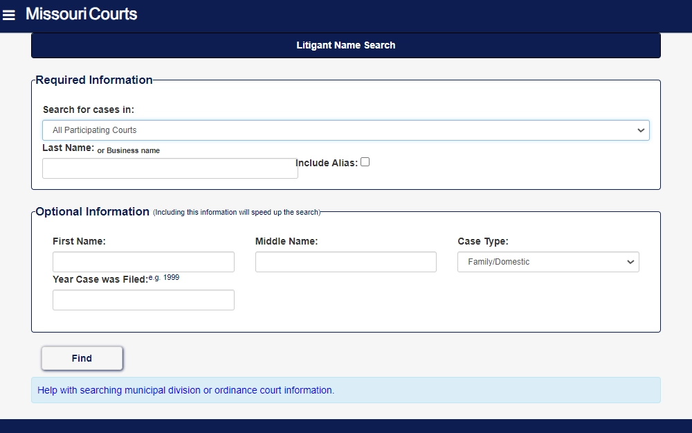 Screenshot of the case search by name tool displaying 'All participating courts' in the scope drop down menu and fields provided for the name and year of case filing, and another drop down menu for case type.