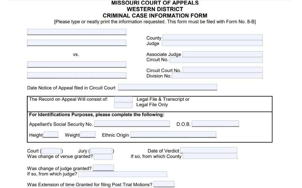 A screenshot of a form from the Missouri Court of Appeals Western District for a criminal case, with fields for party names, court information, appellant identification including social security number and date of birth, and details on the legal proceedings such as venue changes and judge.