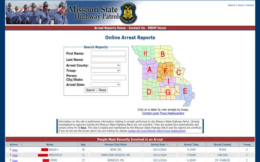 A screenshot from the Missouri State Highway Patrol features an online searchable database for recent arrest reports, which includes a search form with fields for first name, last name, county, troop, city/state, and arrest date, along with a color-coded map indicating different troop regions.