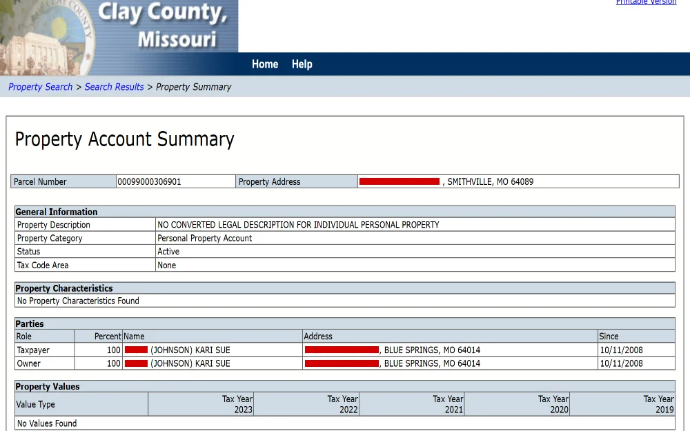 A screenshot of the search tool that allows uers to find a particular property by inputting the account/parcel number, owner name, or property address to access past tax receipts and current tax bills.